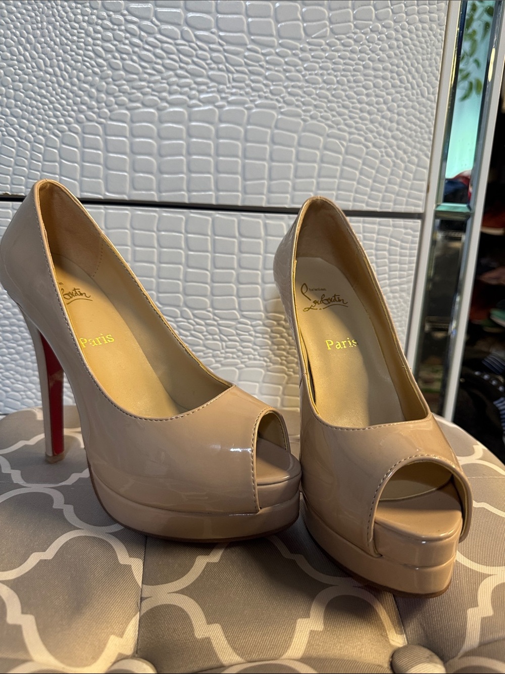Christian Louboutin Nude Patent Peep-Toe Platform Pumps with Red Soles